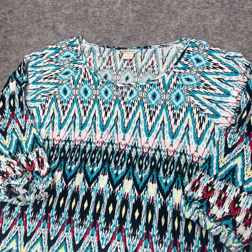 ARIAT Geometric Print Long‎ Sleeve Top Womens Size L/G Teal Blue